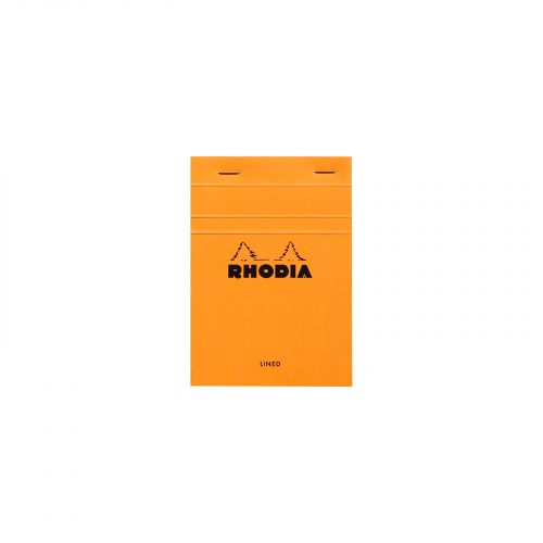 The Rhodia A6 No 13 Notepad Lined in Orange. This high quality A6 Rhodia pad is the perfect writing companion with its fold away cover. Featuring 80 GSM 8mm ruled pages.