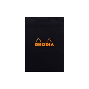 The Rhodia No 16 A5 Notepad Squared in Black. This high quality A5 Rhodia pad is a premium and versatile notepad with its fold away cover. Featuring 80 GSM 5x5 grid paper.