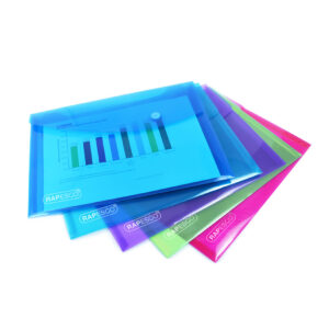 Rapesco ECO Recycled A5 Popper Wallet – Assorted Bright Transparent  – Pack of 5