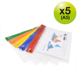 Rapesco Zippi Bag with Metal Zip A5 – Clear with Assorted Bright Coloured Zip Strips – Pack of 5