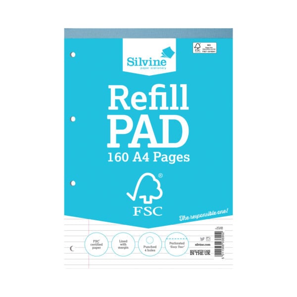 Silvine A4 Everyday FSC Refill Pad, Lined with Margin, 160 Pages FSCRP80