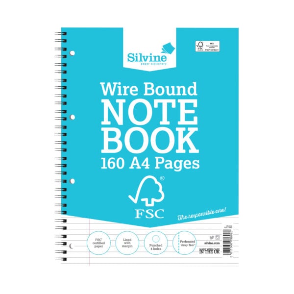 Silvine A4 Everyday FSC Wirebound Notebook, Lined with Margin 160 Pages