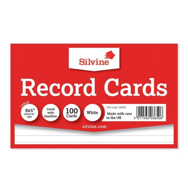 Silvine 8 x 5 Record Cards Ruled with Headline, 100 Cards