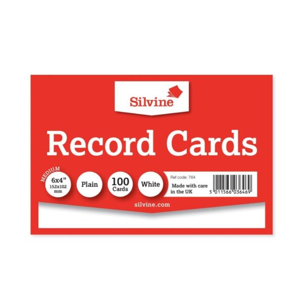 Silvine 6 x 4 Record Cards Plain White, 100 Cards