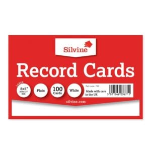 Silvine 8 X 5 Record Cards Plain White, 100 Cards