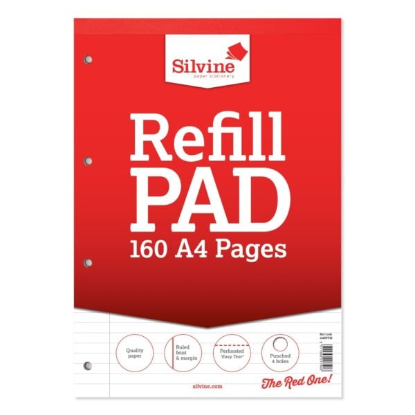 Silvine A4 Feint Ruled Refill Pads with Margin, 160 Pages