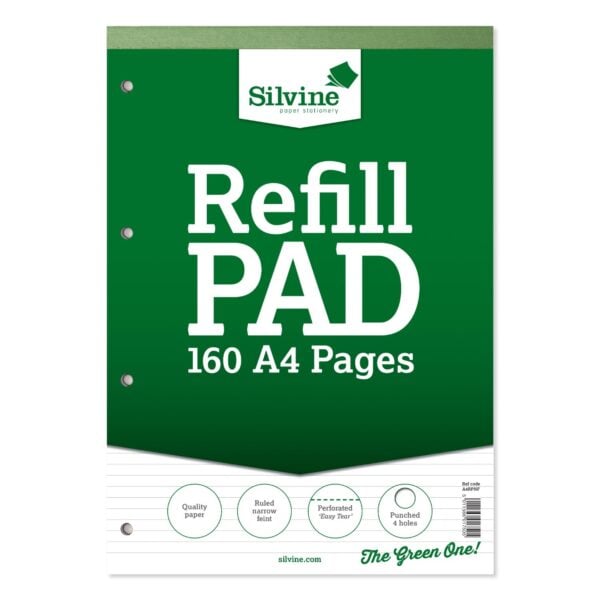 Silvine A4 Narrow Feint Ruled Refill Pads, 160 Pages
