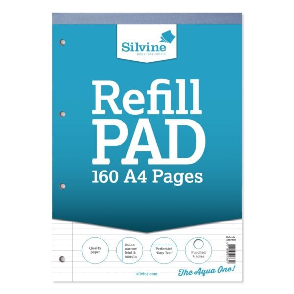 Silvine A4 Narrow Feint Ruled Refill Pads with Margin, 160 Pages