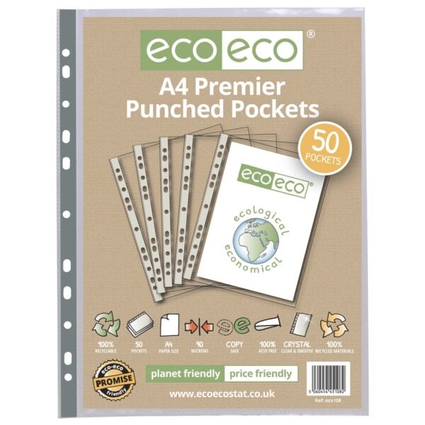 Eco-Eco A4 100% Recycled 90 Micron Punched Pockets
